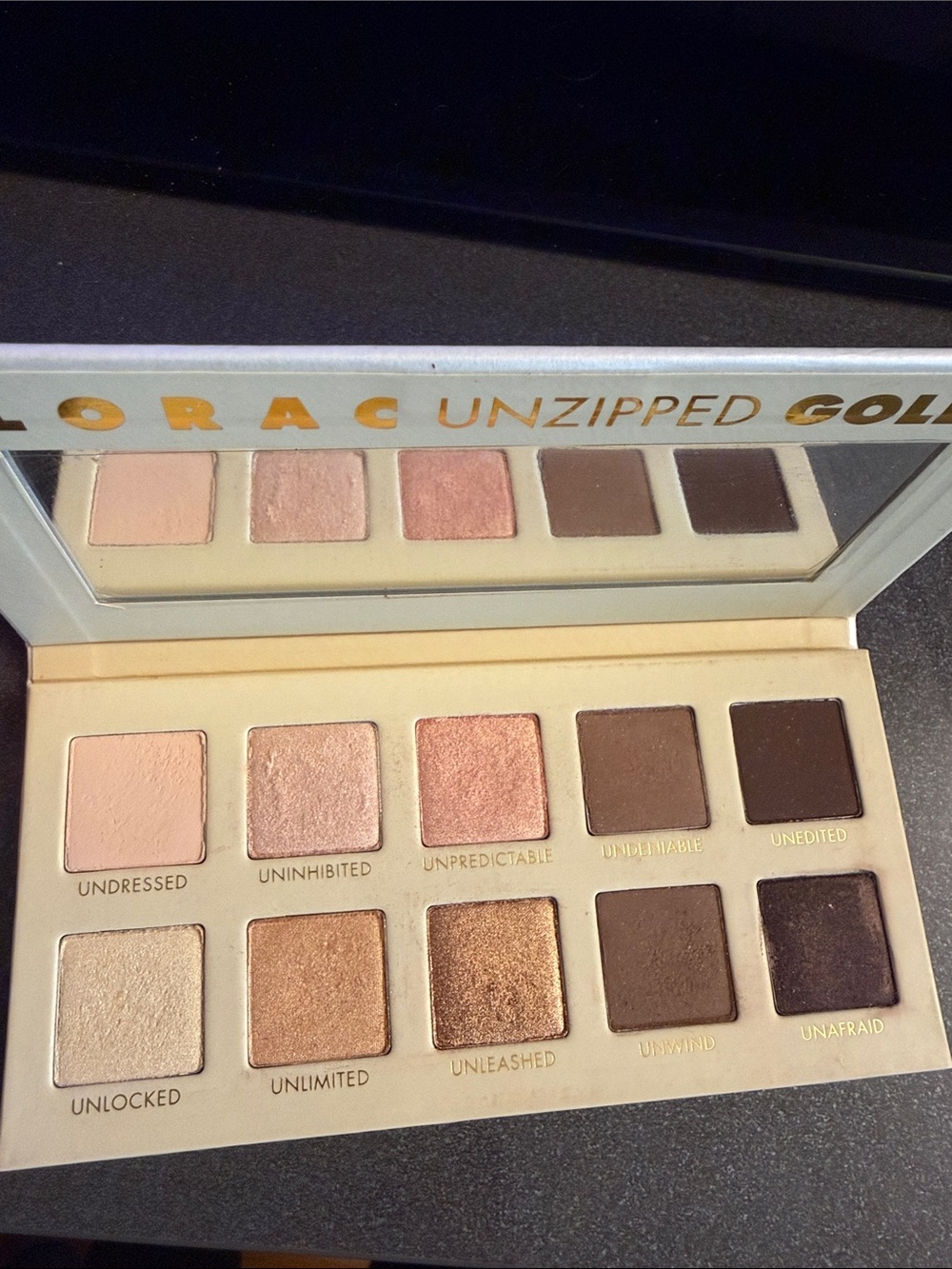 Lorac Unzipped Gold Palette — cream, peach, gold, bronze, brown shades